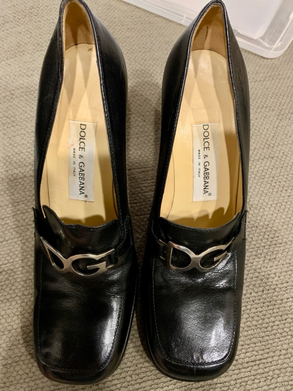 Dolce & Gabbana Black Leather Block heeled Loafers with Silver DG Accent